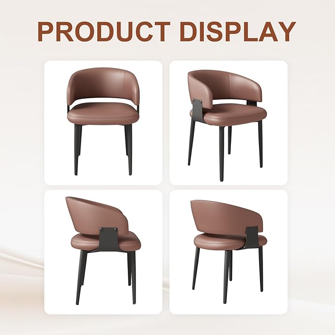 Modern Dining Chairs Set of 2, Faux Leather Upholstered Kitchen Chairs with Curved Back and Metal Legs, Mid Century Chairs for Dining Room, Kitchen, or Café (Brown)