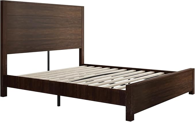AMERLIFE Queen Size 51.2" Wood Bed Frame, Rustic Platform Bed with Spliced Headboard, No Box Spring Needed/Wood Slats Support/Noiseless/Reclaimed Barnwood