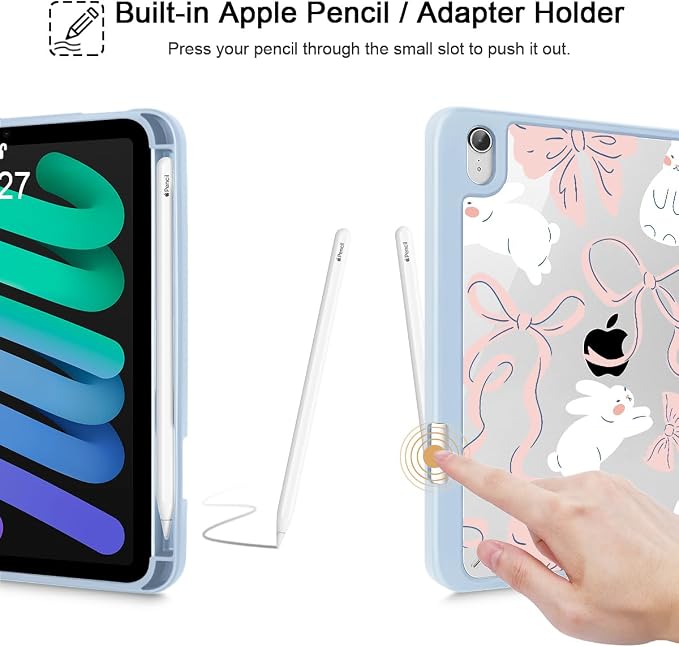 Case for iPad mini (A17 Pro 7th Generation) 2024/iPad Mini (6th Gen) 8.3 Inch with [Built-in Pencil Holder] Shockproof Cover with Clear Transparent Back Shell &amp Auto Wake/Sleep - Blue Bows