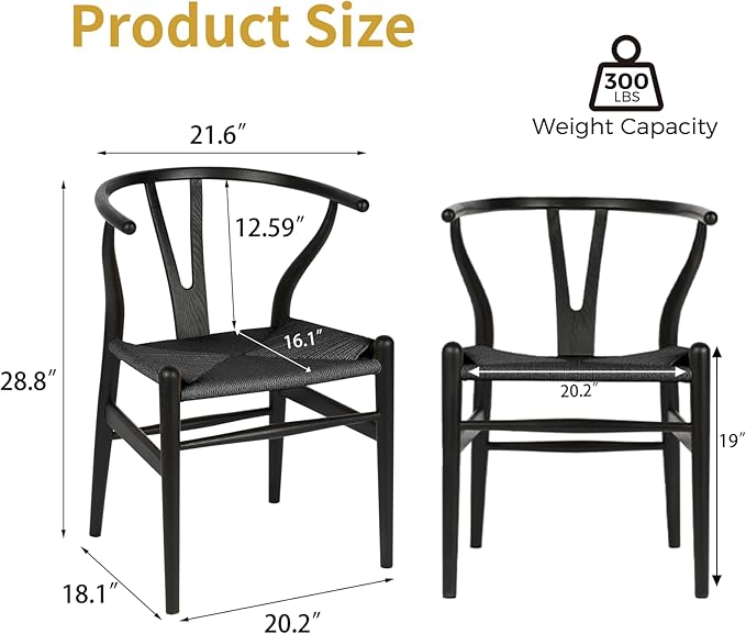 Wishbone Chair Natural Solid Wood Dining Chair/Hans Vegner Y Chair Rattan and Wood Accent Armrest Chairs Set of 2 (Ash Wood - Black)