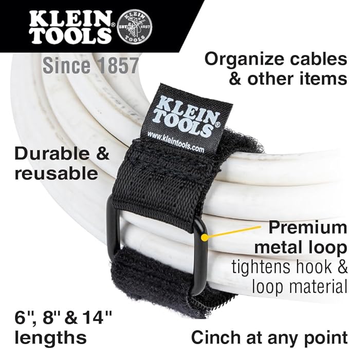 Klein Tools 450-600 Cable Organizer, Hook and Loop Cinch Strap Ties, Includes (2) 6-Inch, (2) 8-Inch, (2) 14-Inch Straps, Black