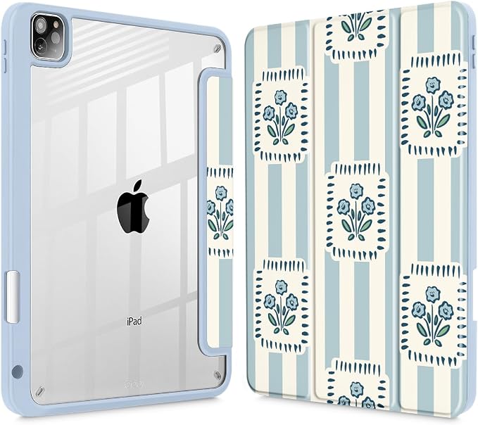 Mektron Case for iPad Pro 11 inch Case M2 2022 Generation 4th Fit 2021 2020 2018 iPad Pro 11 (3rd 2nd &amp 1st Gen) -Buit in Pencil Holder with Shockproof Cover Clear Shell Blue Bows &amp Flower