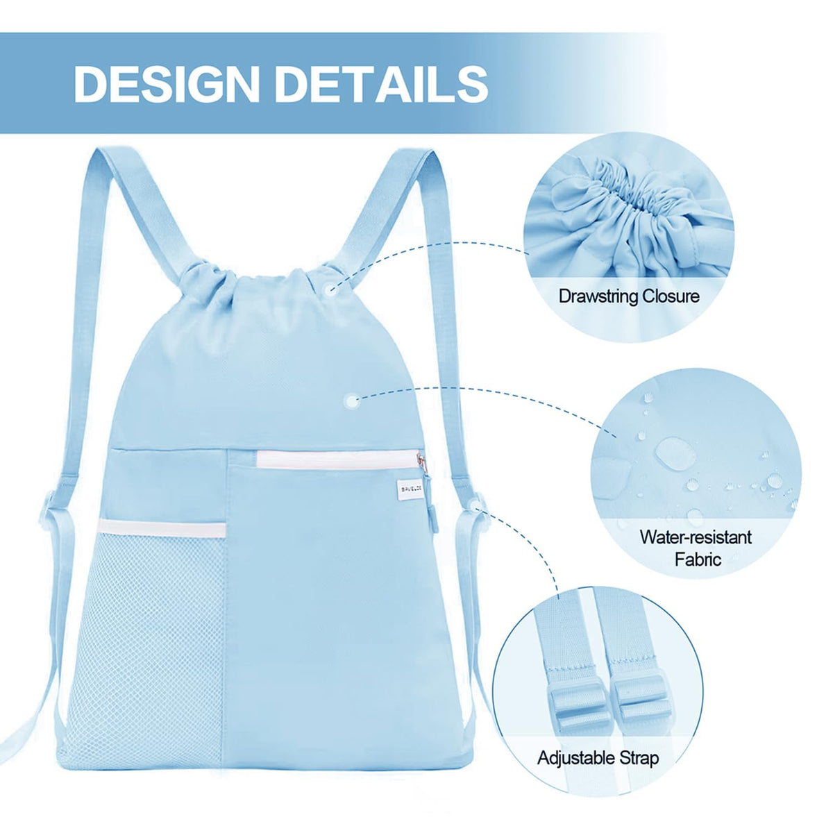 BAVELOE Drawstring Backpack with Mesh Pocket, Sports Gym Sackpack for Women