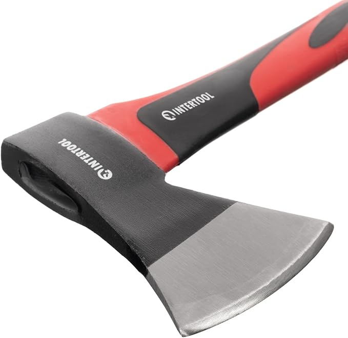INTERTOOL Hatchet for Chopping Wood and kindling - Small Hand Axe for Camping Firewood - 15” Survival Ax - with Shock-Absorbing Fiberglass Anti-Slip Handle HT-0261