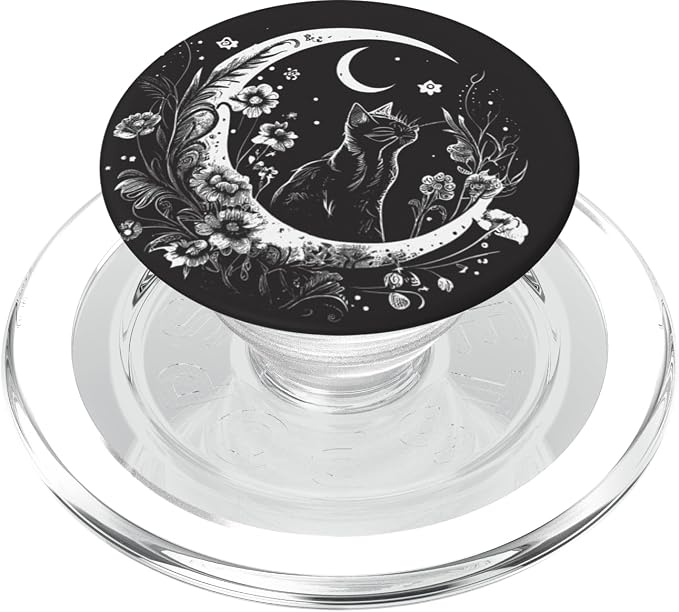 Cat Sitting On Crescent Moon Flowers Stars Drawing PopSockets Adhesive PopGrip