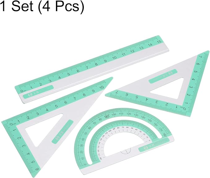 HARFINGTON 4pcs Geometry Set 15cm Metric Measure Ink Printing Aluminum Ruler Metal Ruler Set Triangle Protractor Ruler Tool Set for Classroom, Office, Home, Light Green
