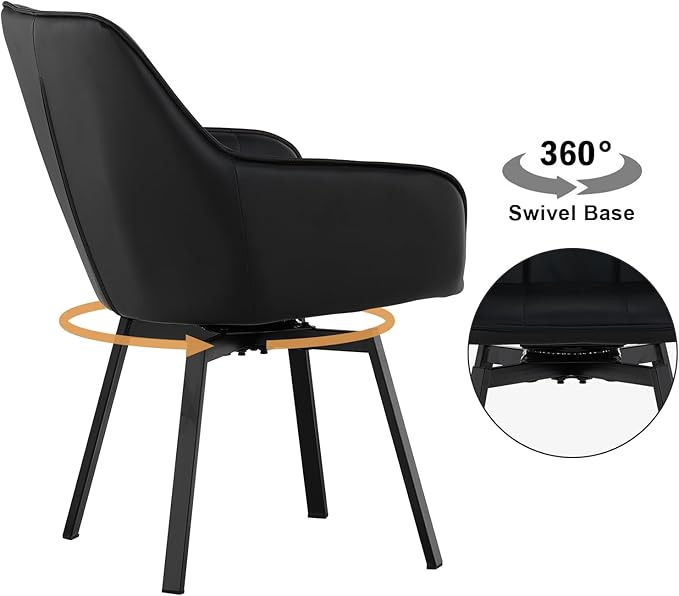 TUKAILAi Swivel Dining Chairs Set of 2, PU Armchairs Upholstered Accent Dining Chairs with Metal Legs, Rotatable Desk Chair for Home Office Kitchen Chair Restaurant (Black)