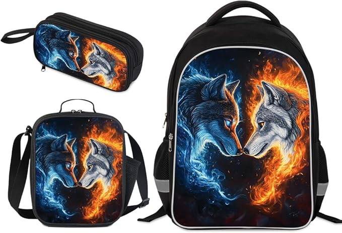 Kids Backpack for Boys Girls - 3pcs 17″ Boys Backpack with Lunch Box Set for Toddle Elementary Middle School - Students Bag for Ages 6-18 Wolf Bookbag Travel Back Pack
