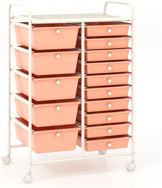 COSTWAY 15 Drawer Rolling Storage Cart, Mobile Utility Cart with Lockable Wheels, Drawers, Multipurpose Organizer Cart for Home, Office, School, Peach
