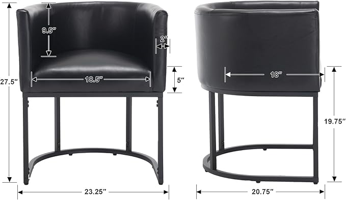 Faux Leather Dining Chair Modern Barrel Arm Chairs with Black Metal Frame, Upholstered Kitchen Chairs 18.5" Wide Accent Chair for Living Room Dining Room Restaurant, Black