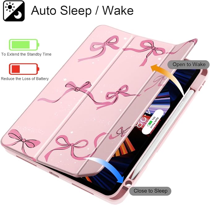May Chen Case for iPad 12.9 Inch (6th/5th/4th/3rd Generation 2022/2021/2020/2018) Pencel Holder + Trifold Support Auto Sleep/Wake Transparent Shockproof Back Cover Blue Bows