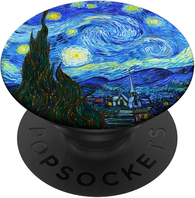 PopGrip: Swappable Grip for Phones &amp Tablets Gift - Black Phone Grip - Art: Vincent Van Gogh Starry Night - Compatible with Smooth Hard Plastic Cases