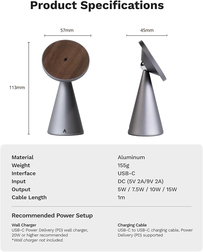 Black Walnut Wood and Aluminum Wireless Charger | Magnetic Charging Stand for iPhone Compatible with MagSafe