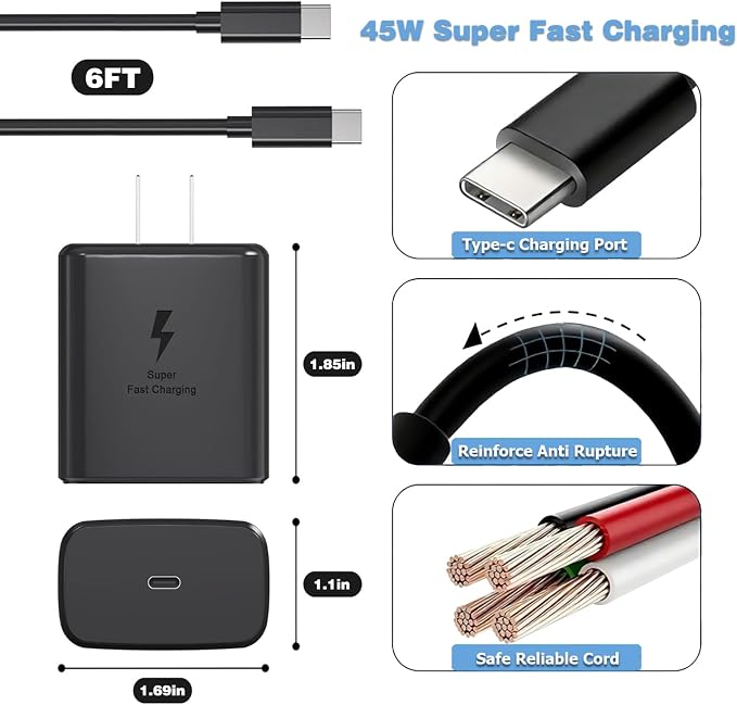 45W Samsung Super Fast Charger Type C to Type C Android Charger Fast USBC Charging Cable 6ft Compatible for Samsung Galaxy S25 ultra S24 S23 S22 S21 S20 S10 S9 A56 A55 A54 A53 A36 A35 A16 A15 A14 A17