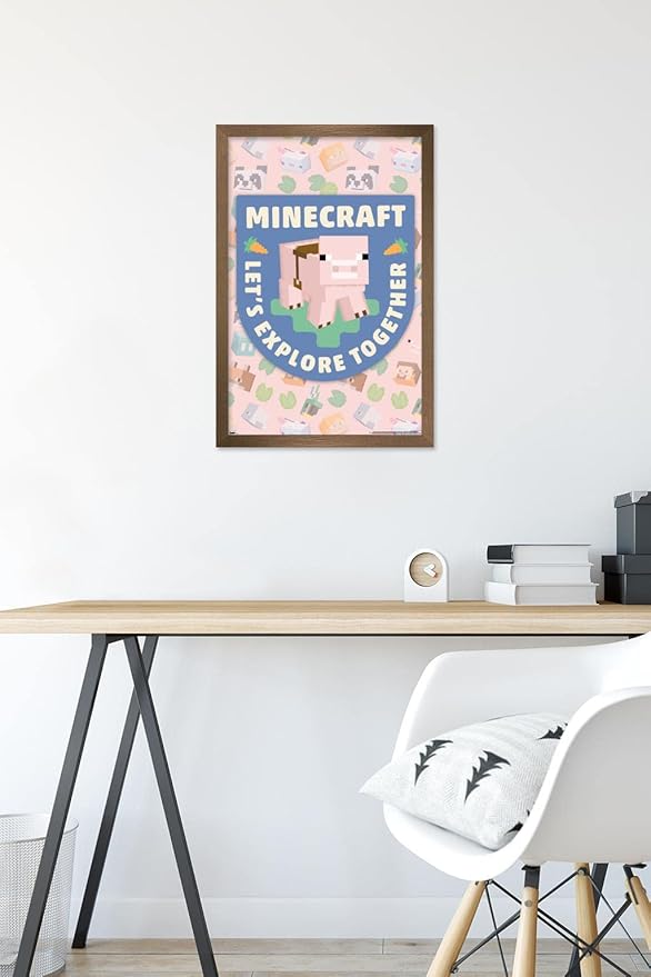 Trends International Minecraft - Let's Explore Together Wall Poster, 22.4L x 14.7W, Bronze Framed Version