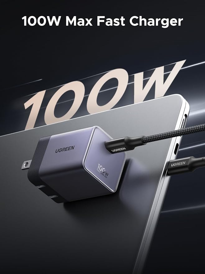 UGREEN Nexode Air 100W Wall Charger Block with USB C Cable Compact Foldable GaN Fast Charging PD Type-C Charger Compatible with MacBook iPhone 17 Pro Max Galaxy Grey