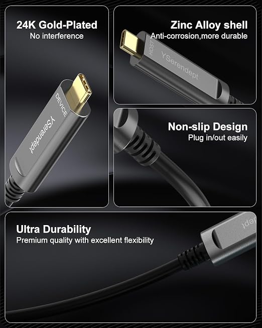 Fiber Optic USB C Cable 33ftRight Angle 10Gbps Active Optical Data Transfer for 4K CamerasWebcamsHubsHDDsVR/ARProjectors &amp Medical Systems