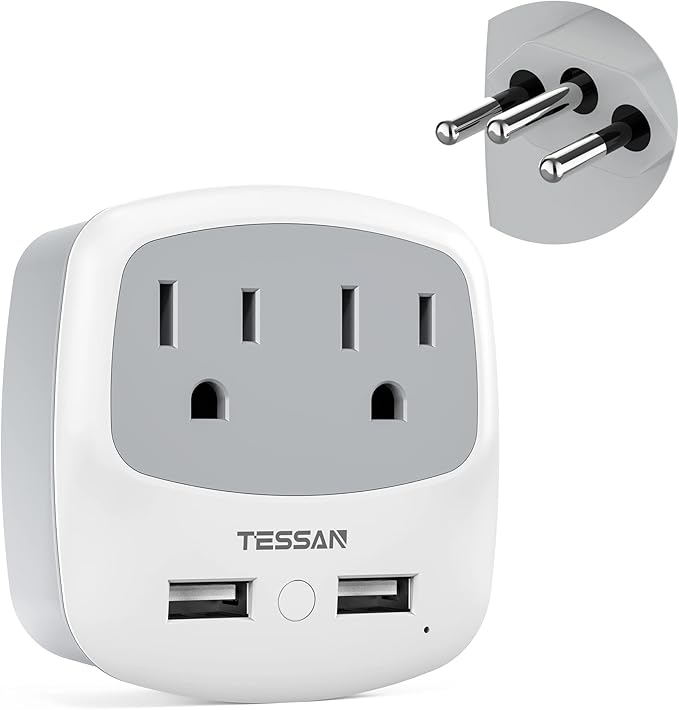 TESSAN Brazil Power Adapter, US to Brazil Plug Adaptor with 2 American Outlets and 2 USB Charging Ports, Type N Travel Adapter for USA to Brazilian Brasil