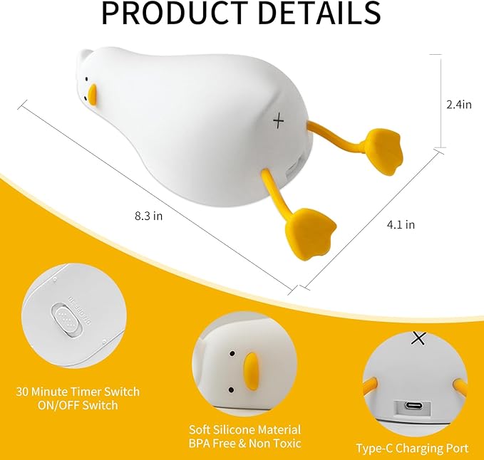 AVACOM Squishy Night Light, Lying Flat Duck Night Light, Travel Nightlight, 3 Level Dimmable Nursery, Rechargeable Bedside Touch Lamp for Breastfeeding Toddler Baby Kids Decor