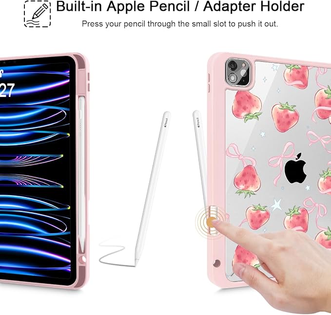 May Chen Case for iPad 12.9 Inch (6th/5th/4th/3rd Generation 2022/2021/2020/2018) Pencel Holder + Trifold Support Auto Sleep/Wake Transparent Shockproof Back Cover Blue Bows