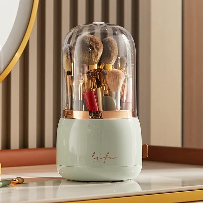 Makeup Brush Holder Organizer with Lid, Rotating Dustproof Make Up Brushes Organizer with Clear Acrylic Cover for Vanity Desktop Bathroom Countertop (Light green)
