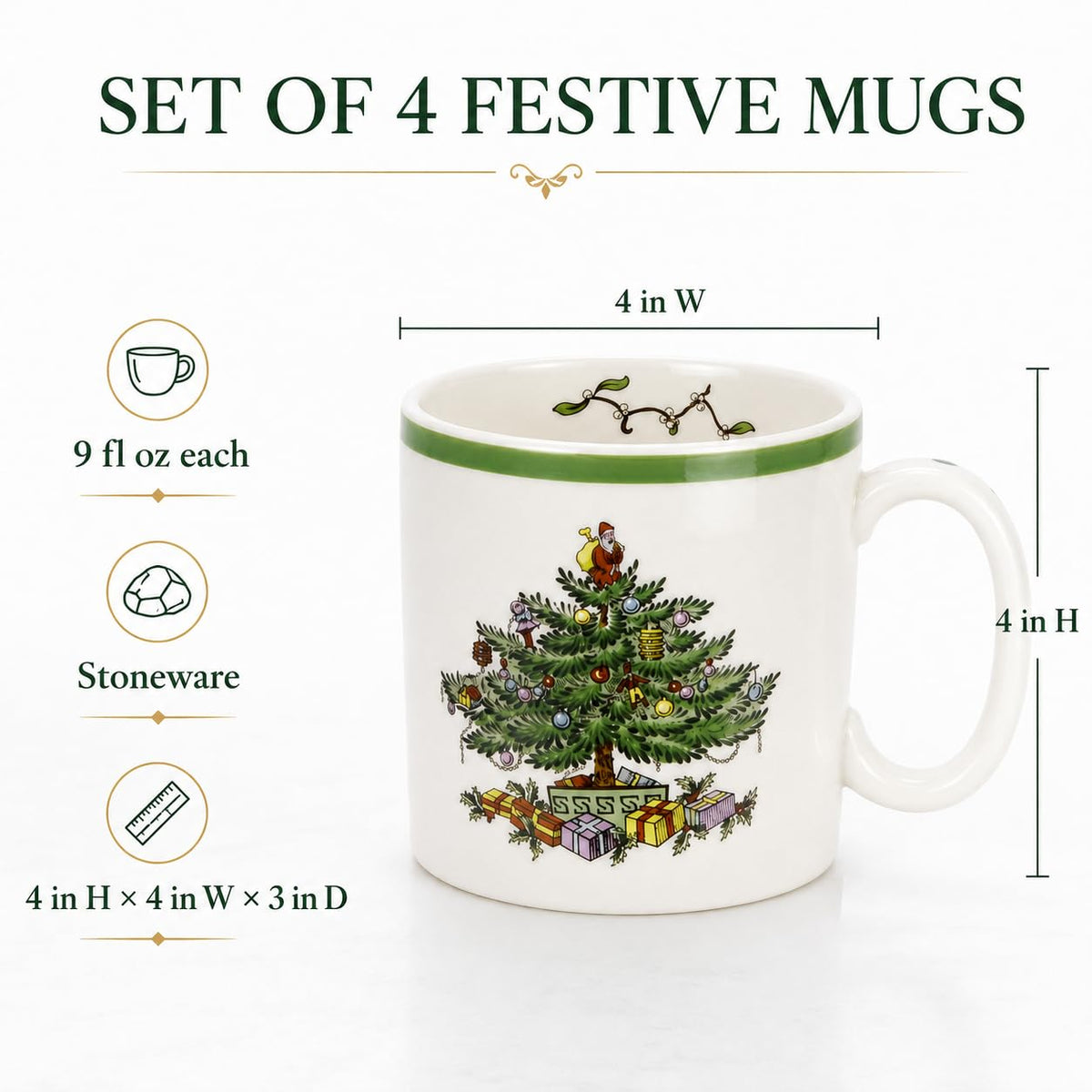 Spode Christmas Tree Mugs, 9 Oz, Set of 4 - Festive Holiday Drinkware