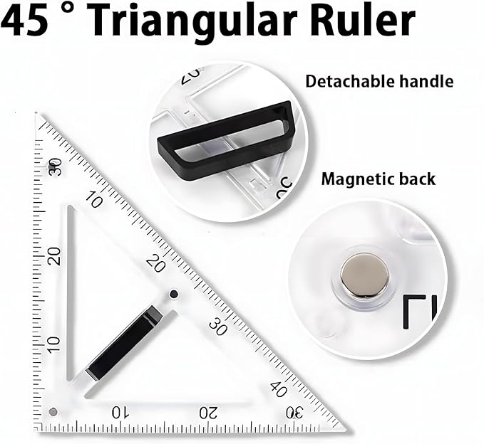 Magnetic Teaching Ruler Set with Multi-Functional Geometry Tools Durable ABS Plastic for Whiteboard Classroom Projects Student Teacher Math Supplies (Clear 3pcs)