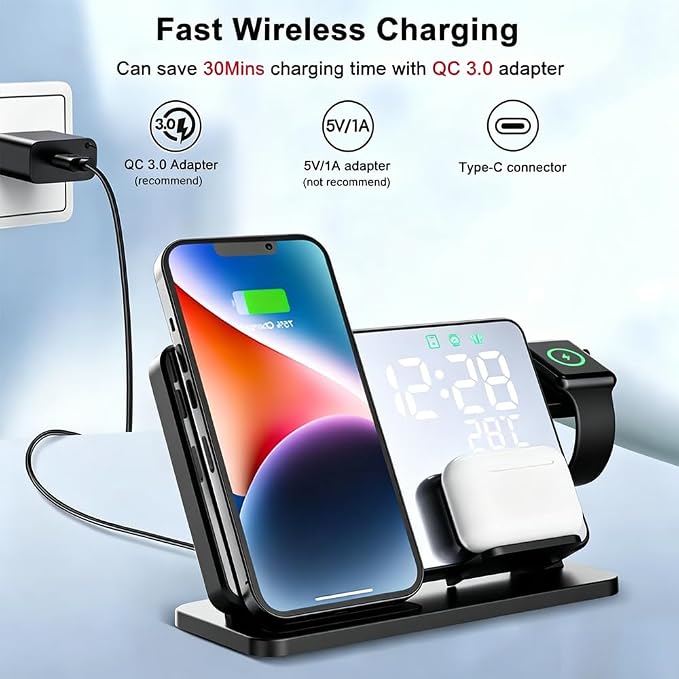 IHAO 3in1 Multifunctional Foldable Wireless Charging Station with LED Ambient Night Light Fast QC3.0 Charger for Phone iWatch Headphone Space-Saving Auto-Shutoff &amp Overcharge Protection-Black
