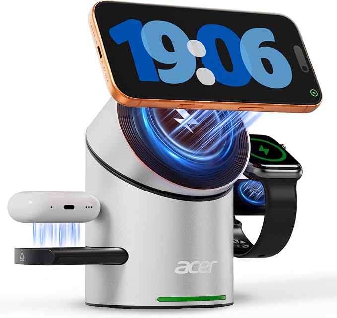 Acer Prime 3 in 1 Charging Station for Apple - Magnetic iPhone Wireless Charging Station Magsafe Charger Stand for iPhone 17 16 15 14 13 12 - Apple Watch - Airpods Series (Charger &amp USB-C Include
