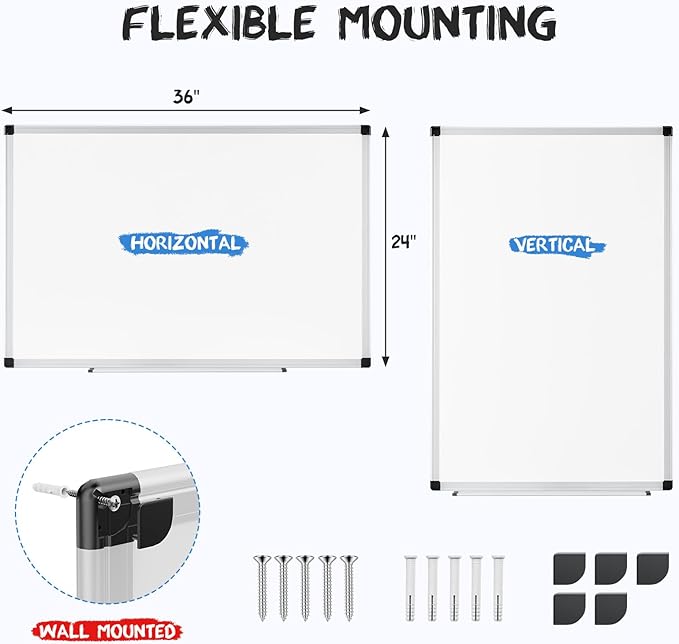 NEWBULIG Magnetic Dry Erase Board, 36" x 24" Large White Board for Wall with 1 Dry Eraser & 2 Multicolor Markers & 4 Magnetic Pins, Silver Aluminum Frame for Office, Home, School