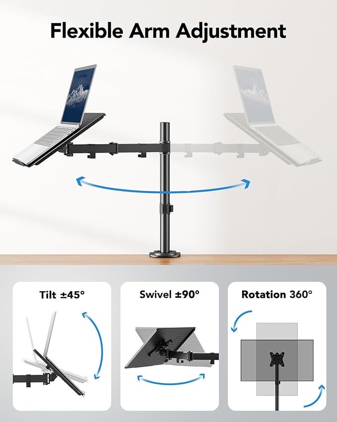 HUANUO Laptop Desk Mount - 17' to 32' Monitor Arm, Ventilated Tray, Fully Adjustable with Tilt, Swivel & Rotation, Holds up to 22 lbs