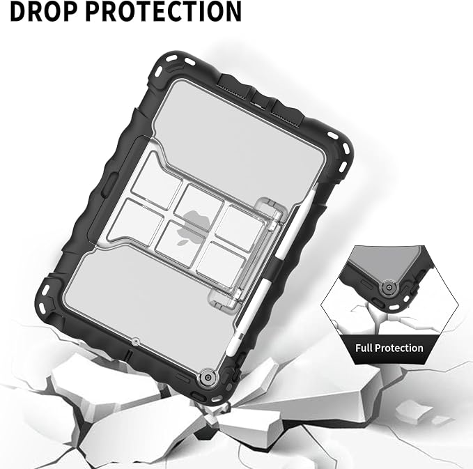 Kids Case for iPad 9th 8th &amp 7th Generation 10.2 Inch Heavy Duty Shockproof Protective Cover with Built-in Screen Protector Kickstand Pencil Holder Hand Strap &amp Shoulder Strap (Black)
