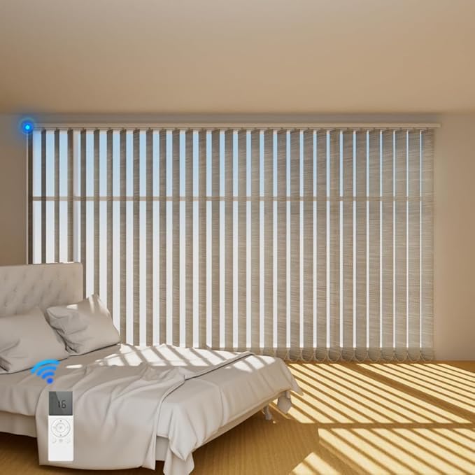 Blindify Motorized Vertical Blinds, Light Filtering Sliding Door Shades Vertical Shades Remote Control Customize, Jacquard Beige