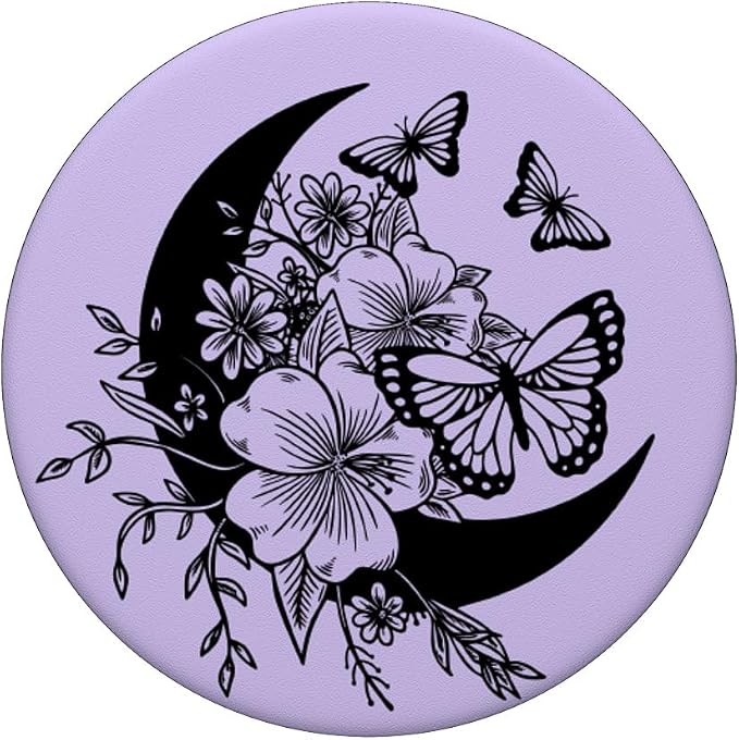 Purple Lilac Black Butterfly Crescent Moon Flower PopSockets Adhesive PopGrip