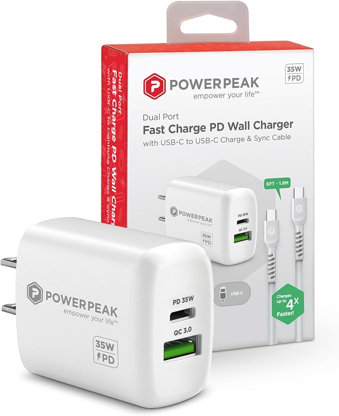35W Super Fast Charger Dual Port Charger 1 USB-C and 1 USB-A Ports Type C and Type A 6ft. (1.8m) Cable C-C Included | White