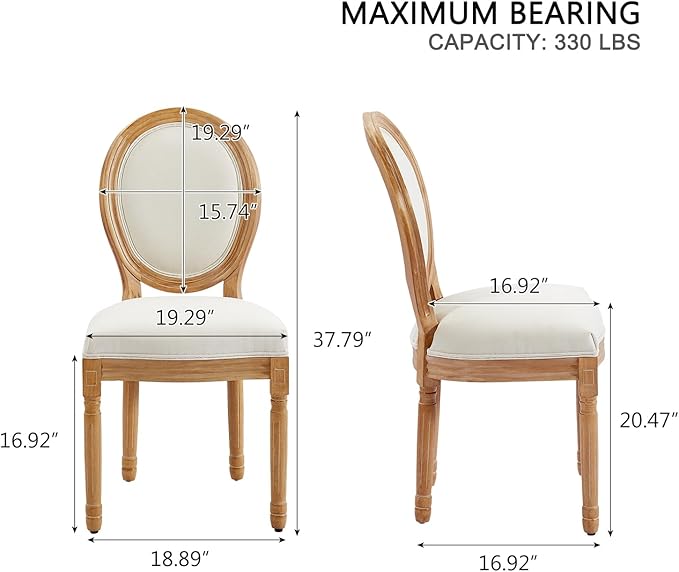 Nrizc French Country Dining Chairs Set of 4, Farmhouse Fabric Chairs with Round Back, Solid Wood Legs, Oval Side Chairs for Kitchen/Bedroom/Dining Room