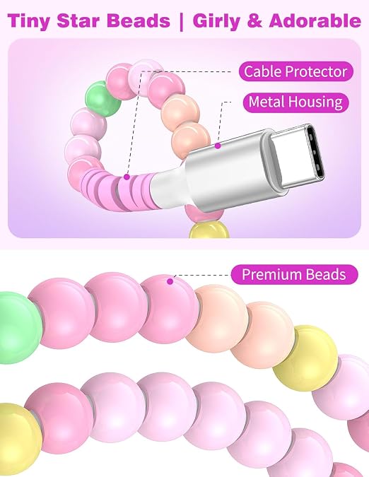 Jelanry 3FT USB-A to USB-C Fast Charging Cable Beaded &ampData Sync Women Girl | Cute kawaii beaded cable for iPhone 17/16/15 Samsung S26/S25/S24 Pixel iPad Fast charge for daily use office &amp tra