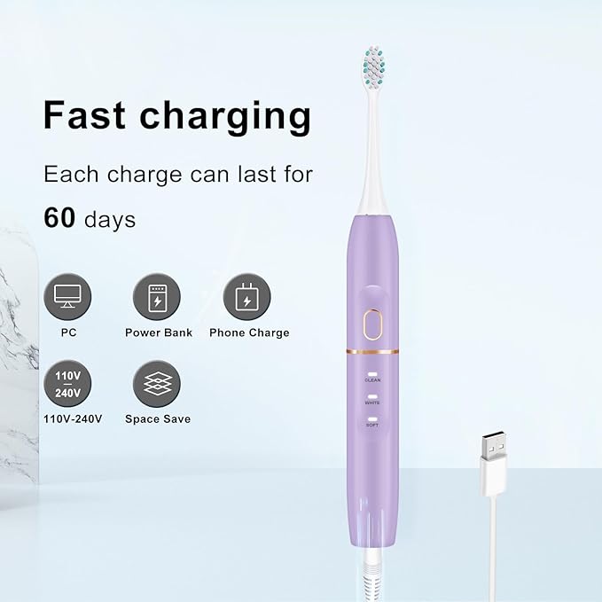kingheroes Electric Toothbrush Set, Comes with 8 Brush Heads & Travel Case,4 Modes with 2 Minutes Built in Smart Timer, One Charge for 60 Days, 42000 VPM Motor (Purple)