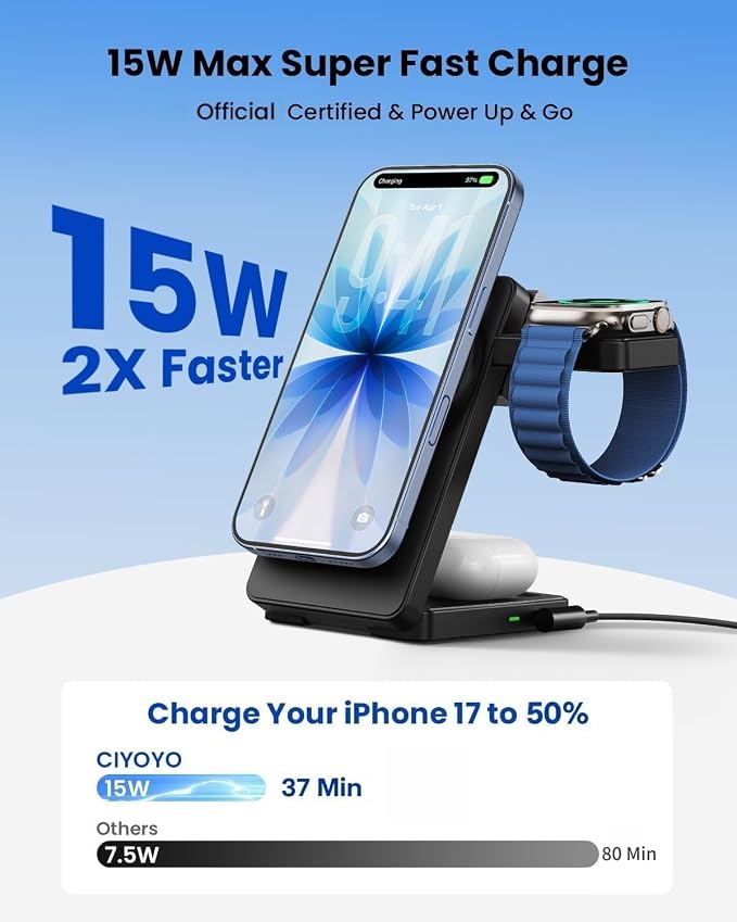 Wireless Charger Stand CIYOYO 3 in 1 Fast Wireless Charging Station Dock for Apple Watch 11/9/8/7/6/SE/5/4/3/2 Airpods 3/2/Pro iPhone 17/16/15/14/14 Plus/14 Pro Max/13/13 Pro/12/12 Pro/SE/X/XR/XS/8