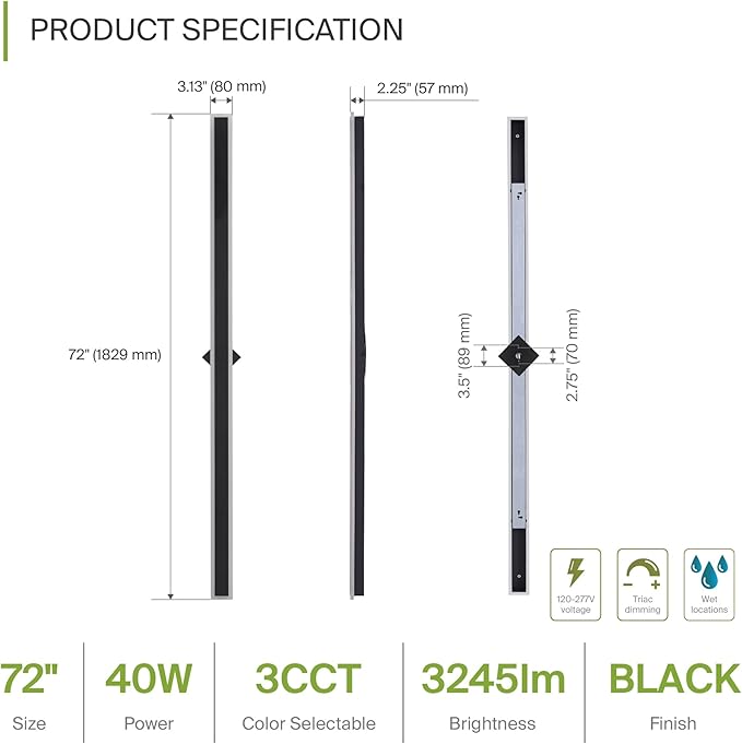 ASD LED 72" Long Wall Mount Light Fixture, Outdoor & Indoor Linear Sconce | 3CCT, Dimmable, Waterproof, Anti-Rust, ETL Listed | 40W 3200LM 3000-5000K 100-277V | Exterior Porch Lighting | Black, 2 Pack