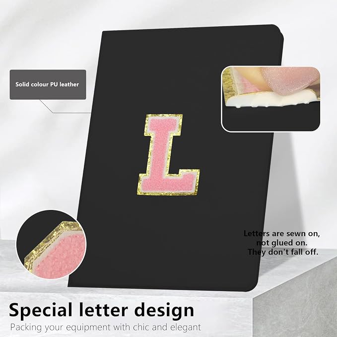 for iPad 9th Generation 10.2 Inch 2021/2020/2019 Case Initial Chenille Letter Suture Personalized for iPad 9th/8th/7th Generation Case with Auto Sleep/Wake Pencil Holder (Black A)