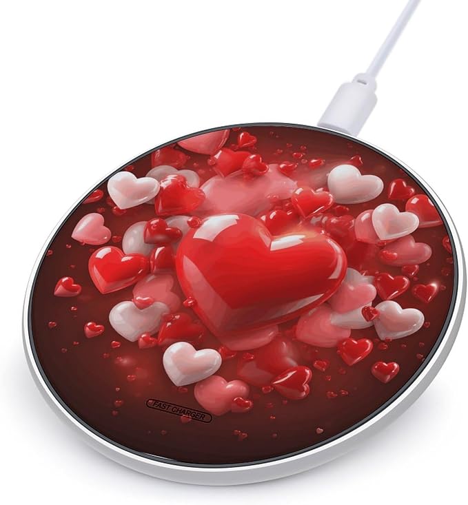 Love Red Hearts Wireless Charger with Aluminum Alloy Frame Qi Certified Fast Wireless Charging Pad 10W Charging Station Portable Phone Charger for All Wireless Charging Phone