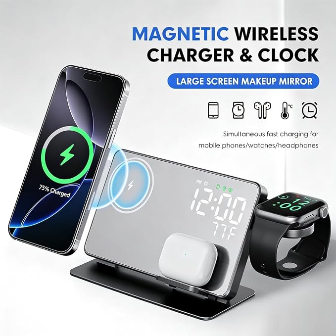 IHAO 3in1 Multifunctional Foldable Wireless Charging Station with LED Ambient Night Light Fast QC3.0 Charger for Phone iWatch Headphone Space-Saving Auto-Shutoff &amp Overcharge Protection-Black