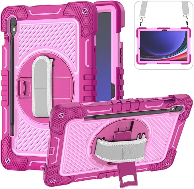 Case for Samsung Galaxy Tab S10 Lite 10.9-Inch Tablet – Shockproof Silicone Protective Cover with Shoulder StrapWrist Strap Drop-Resistant Business Style (Rose red+Pink)
