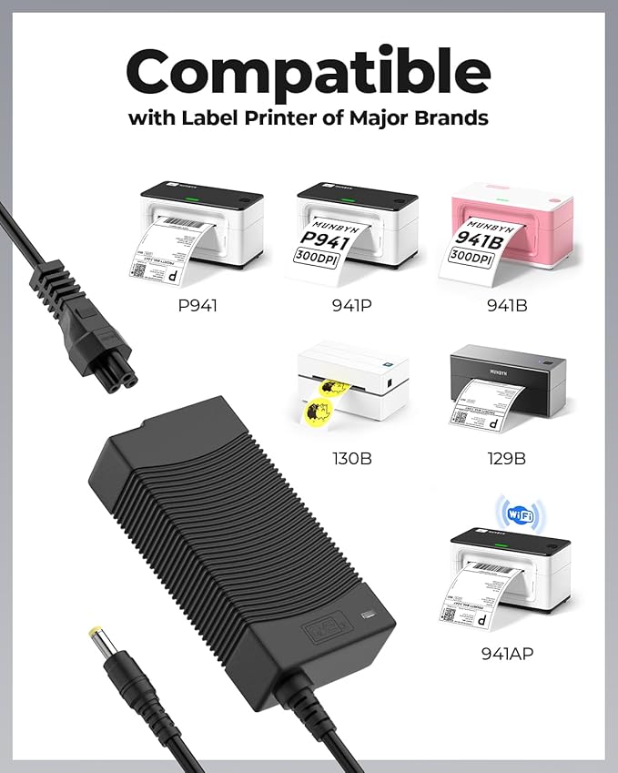 MUNBYN AC Adapter, 24V 2.0A Power Supply, Black Power Adapter for Printer, Compatible with P941, P130, and 129B Label Printers, and Other Shipping Label Printers