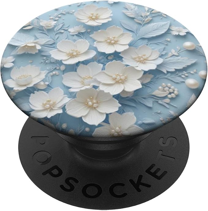 White Pearl Floral on Blue Illustration Print PopSockets PopGrip for MagSafe