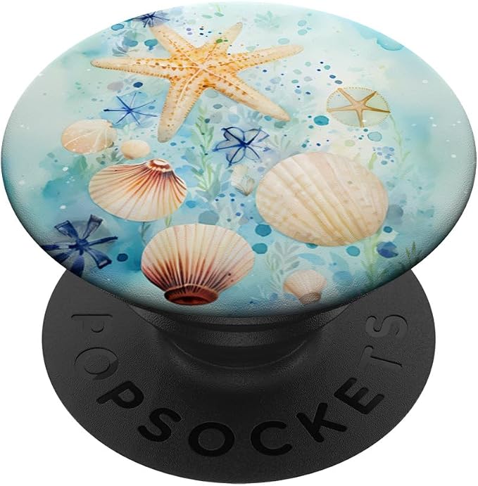 Preppy Starfish Scallops Shells in Watercolor Style Ocean PopSockets Adhesive PopGrip