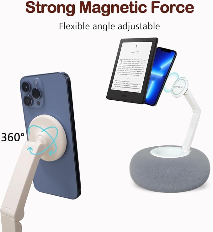 Upgraded Magnetic Kindle Holder for Bed Dual-Axis 360° Adjustable Pillow Stand with Bowl &amp Suction Cup Base Compatible with 3.5–7 Kindle E-Reader iPhone &amp Android PhonesGray