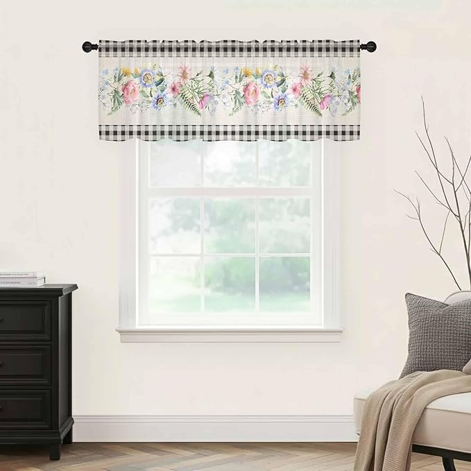 Blue Pink Floral Sheer Valance Curtains, Spring Summer Botanical Linen Black