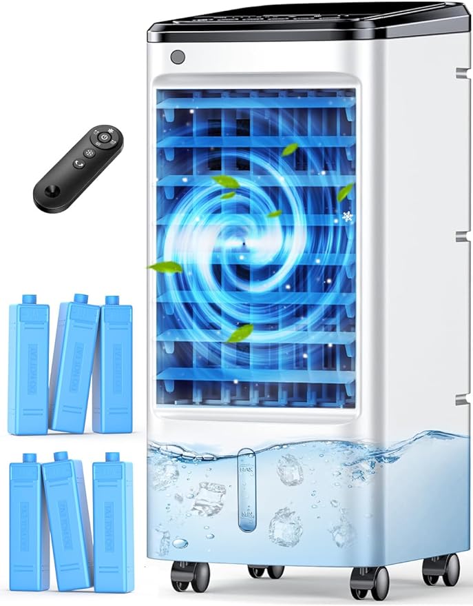 CENSTECH 4-IN-1 Portable Air Conditioners, Evaporative Air Cooler w/3Modes & 3Speeds, 12H Timer for Smart Auto-off, 1-Gal Tank for 15H Cooling, 26FT Remote, No Hose Needed, 70°Oscillating Swamp Cooler